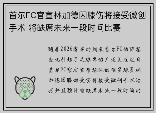 首尔FC官宣林加德因膝伤将接受微创手术 将缺席未来一段时间比赛 首尔FC官宣林加德因膝伤将接受微创手术 将缺席未来一段时间比赛